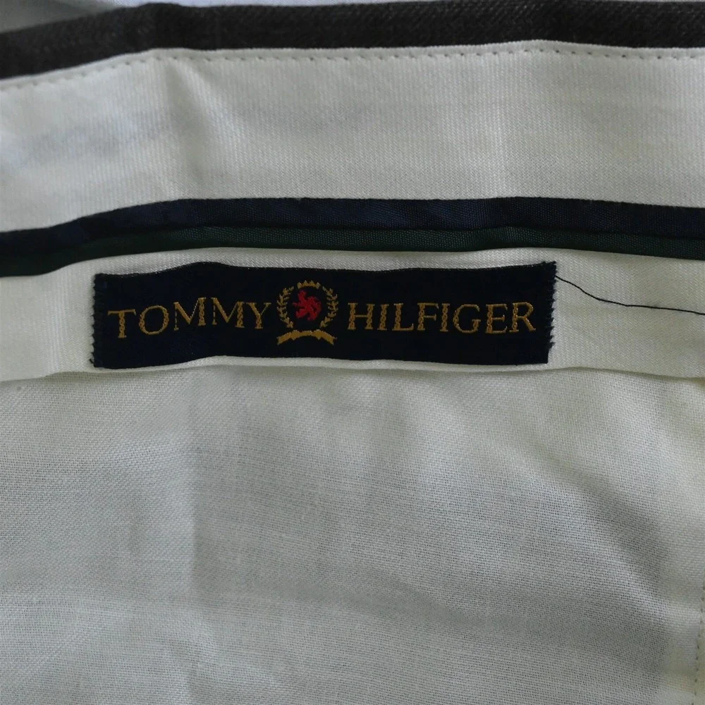 Vtg Tommy Hilfiger USA Made 44L 36x30 Brown Windowpane 100% Wool Mens‎ Suit